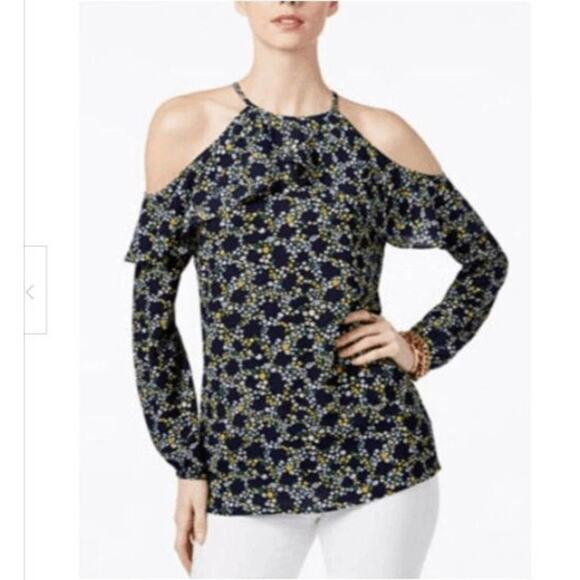 Michael Kors Poppy Ikat Kimono Top - Size Small Taxi Yellow Floral Cold Shoulder - Picture 1 of 9
